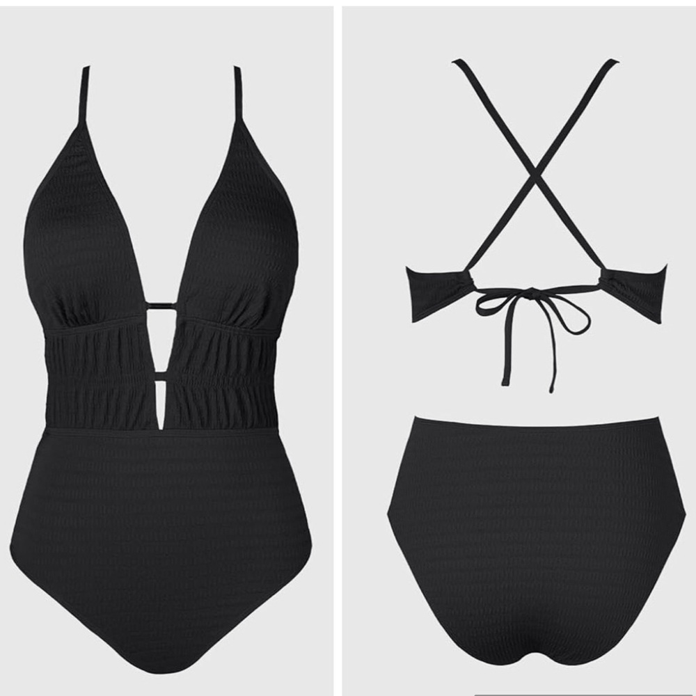 Cupshe Black Smocked Deep V Cutout One-Piece Swimsuit